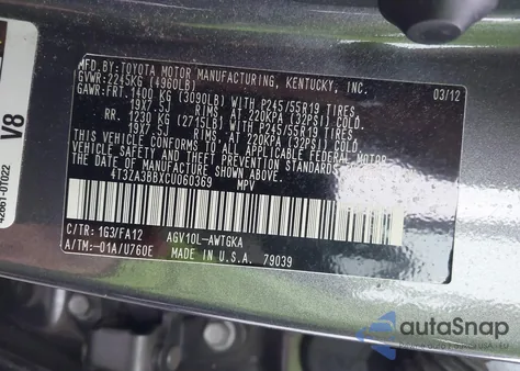 2012 Toyota Venza Le z USA, uszkodzony, nr VIN 4T3ZA3BBXCU060369